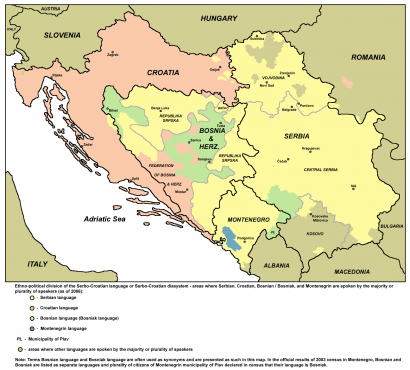 A 2006-os népszámláláson a jelzett területen a többség az anyanyelveként a következő nyelveket nevezte meg: rózsaszín – horvát, sárga – szerb, zöld – bosnyák, kék – montenegrói.